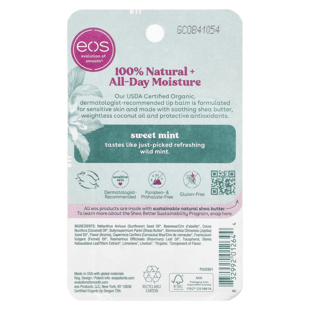 Organic 100% Natural Shea Butter Lip Balm, Sweet Mint, 2 Pack, 4G (0.14Oz) Per Pack