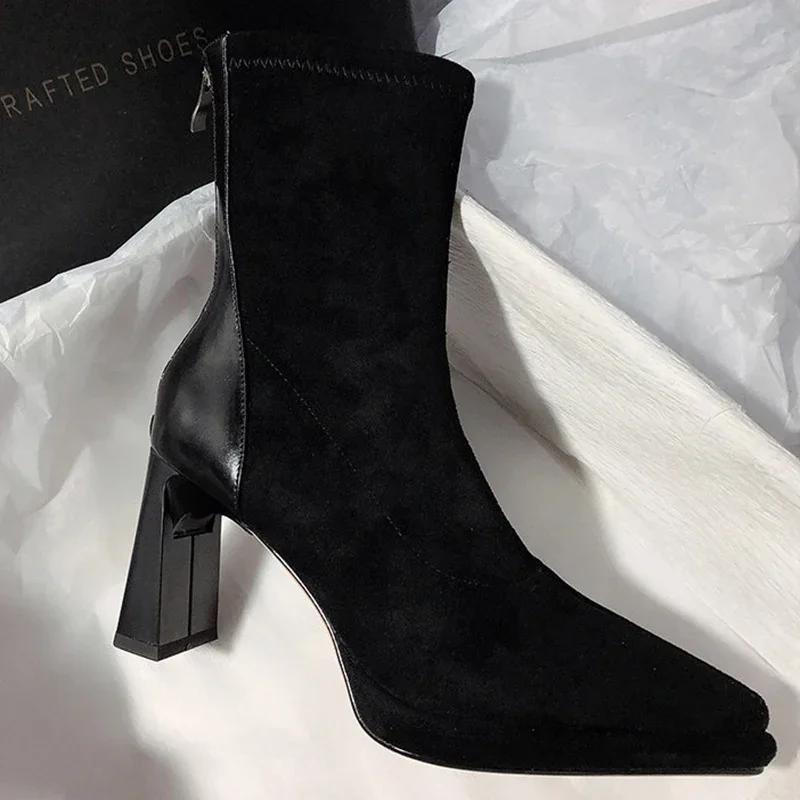 Women's High Heels Boots Sexy Pointed Toe High Heels Boots Fashion Suede Slim Fitting Mid-calf Boots Classic Women Chelsea Boot