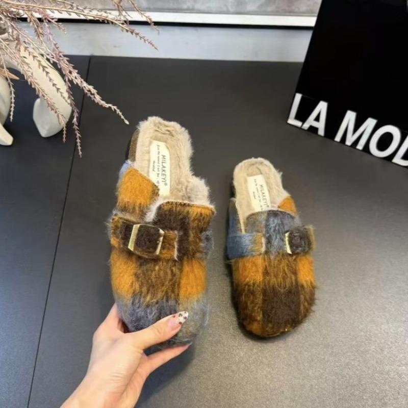 

Модные женские модные тапочки баотоу Зимние новые с круглым носком из замши с металлической пряжкой Противоскользящие износостойкие туфли на плоской подошве 40 жёлтый