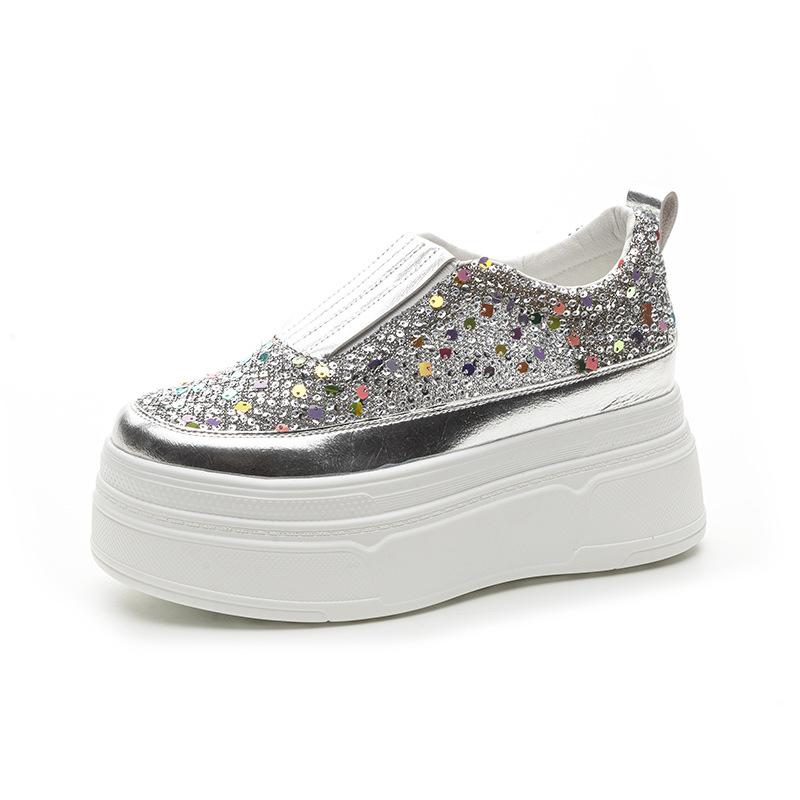 Mode 8.5CM Frühling Mesh Echtleder Damen Vulkanisierte Bling Mode Klobige Sneaker Sommer Strass Casual Plateau Keilschuhe