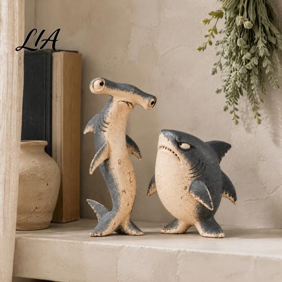 Whimsical Home Accents Funny Shark Duo Figurine, Resin Standing Desk Ornament for Office Accessories Living Room Bedroom Table Decor, Cute Collectible