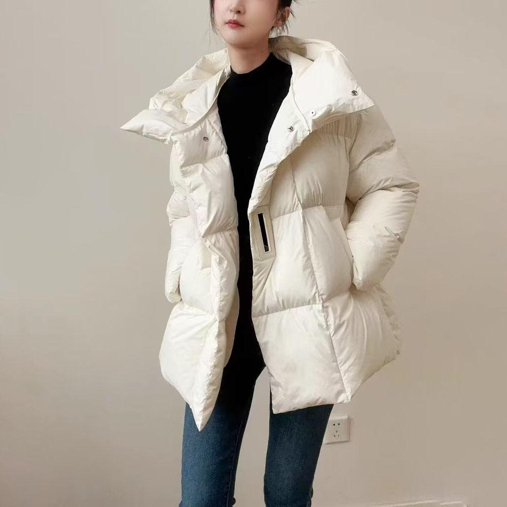 

Schinteon Женская куртка-пуховик с воротником-стойкой, свободного покроя, теплая, осенне-зимняя верхняя одежда, белое пальто с воротником-стойкой на утином пуху M белый