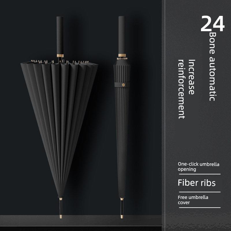 24-Rib Long-Handle Umbrella, Large Automatic Reinforced Heavy Rain-Resistant Windproof Black Business Straight Umbrella