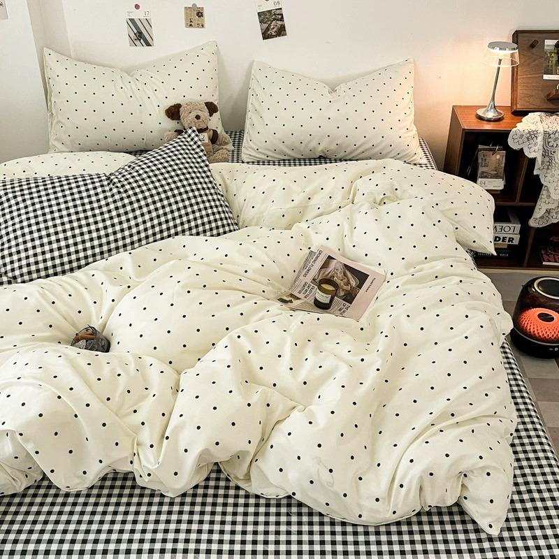 Christmas Style 3/4pcs Simple Plaid Bedding Set Skin-friendly Breathable Quilt Cover Machine Washable Home Bedroom Guest Room