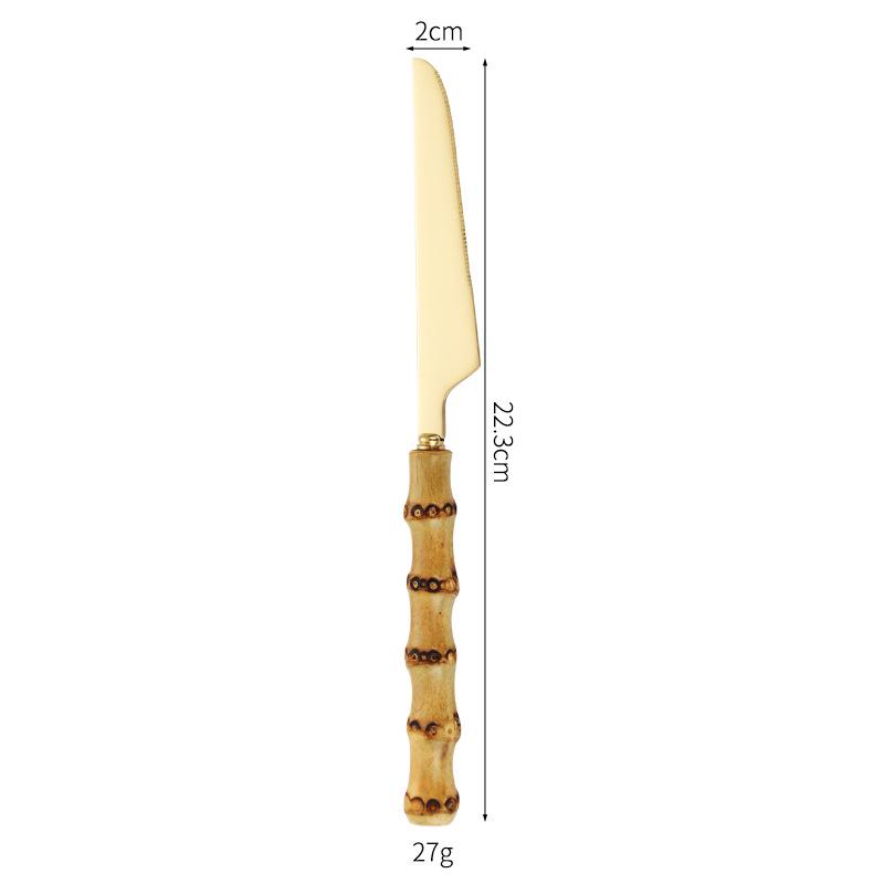 Bamboo Handle Cutlery Set: Solid Wood Steak Knife, Fork, and Spoon with 304 Stainless Steel Retro Design.