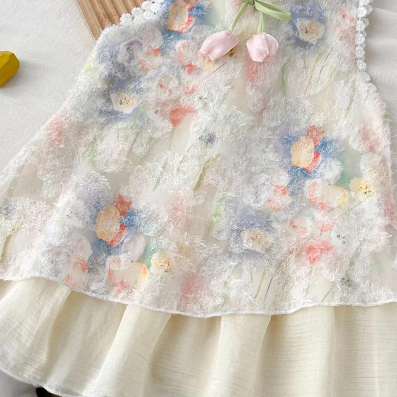 Girls Sleeveless Tulip Print Dress Bow Soft Summer Dress Sweet Princess Outfit Kids Dresses
