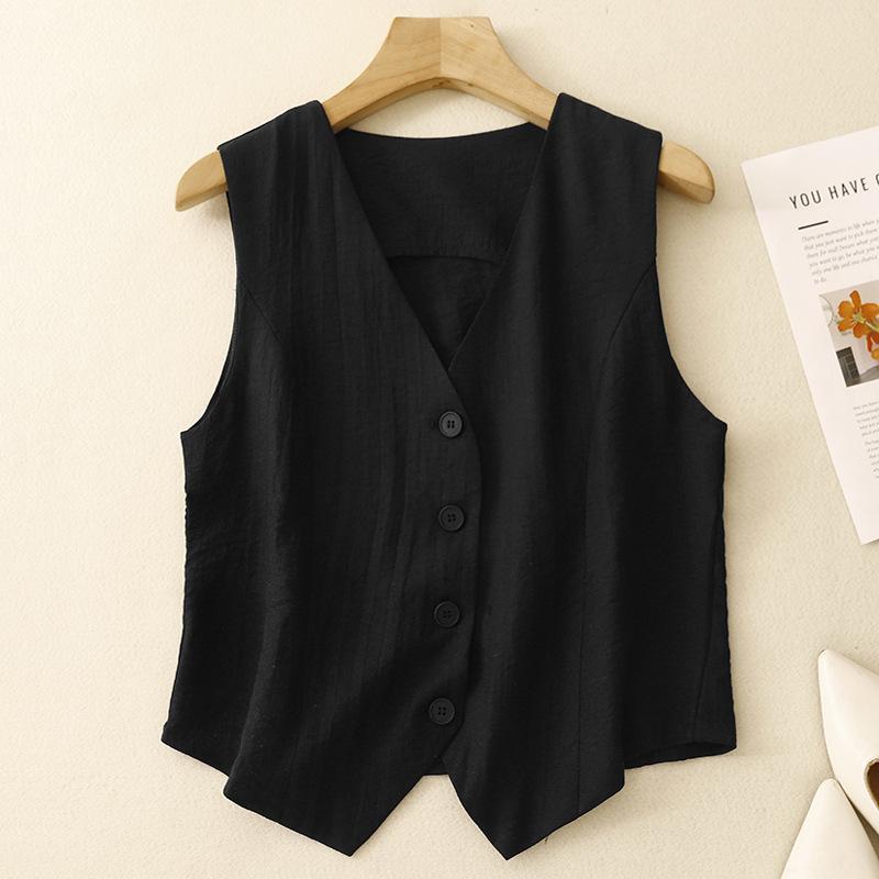 Women's Summer Black Beige Linen Vest V-neck Button Sleeveless Cardigan Tops Elegant Short Jacket Waistcoat