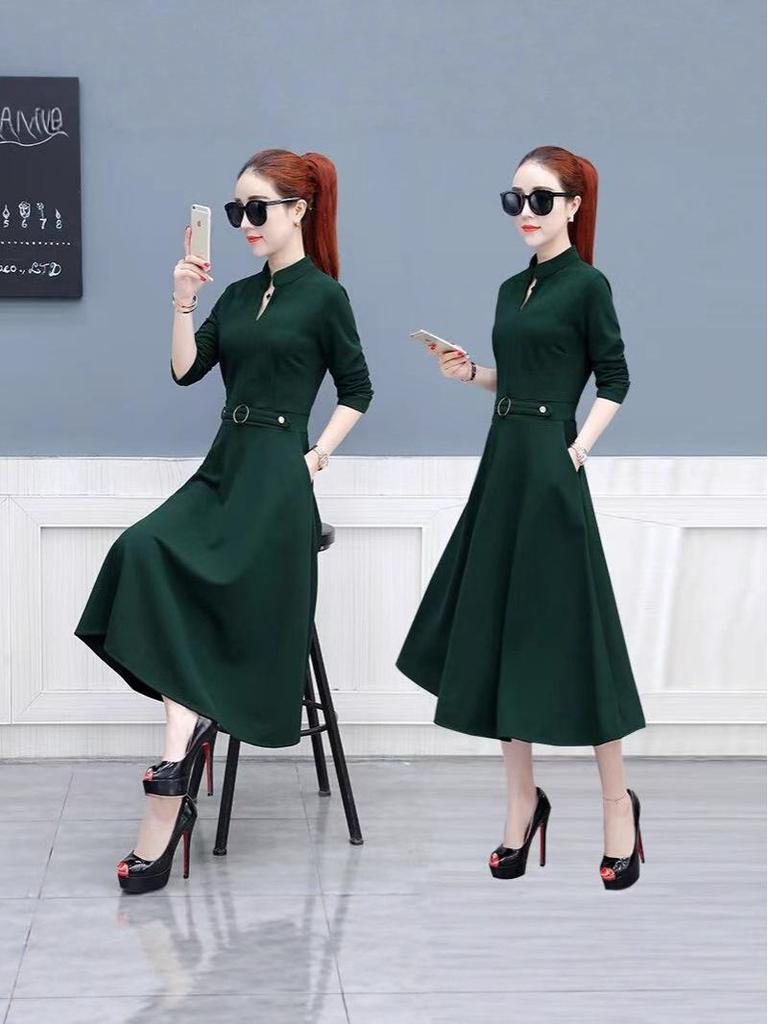 European & American V-Neck Long-Sleeve A-Line Dress - Elegant Spring Mid-Length Style