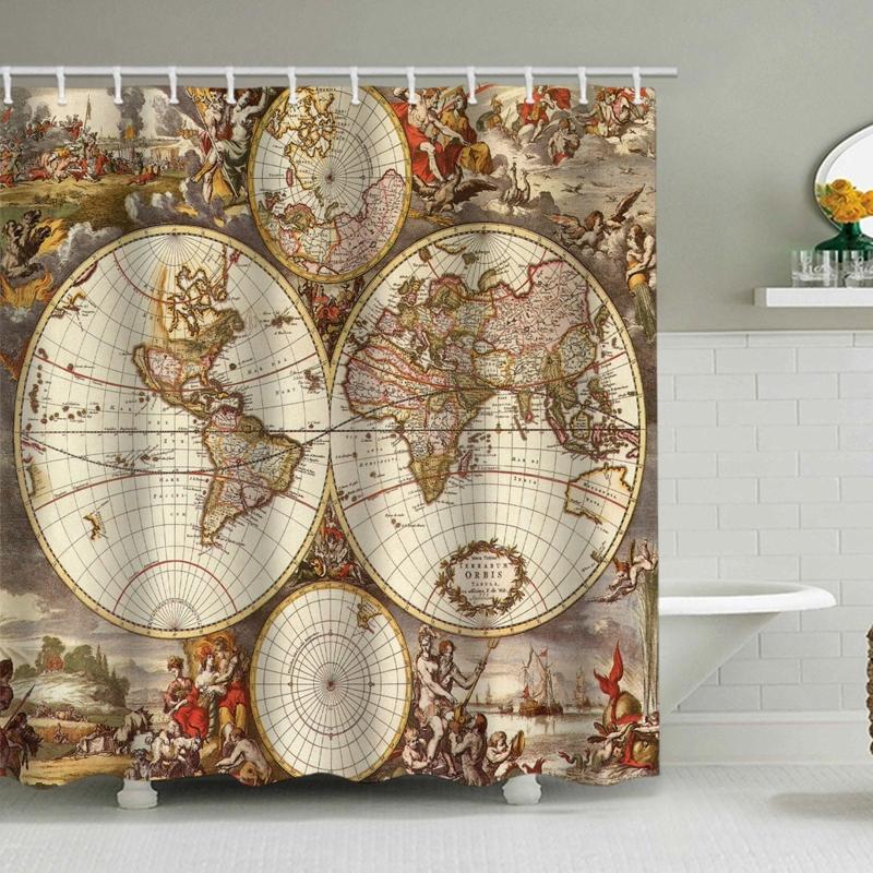 Tende da Doccia Mappa del Mondo con Ganci Stile Vintage Decorazione Accessori Decorazione Bagno Tessuto Poliestere Multicolore