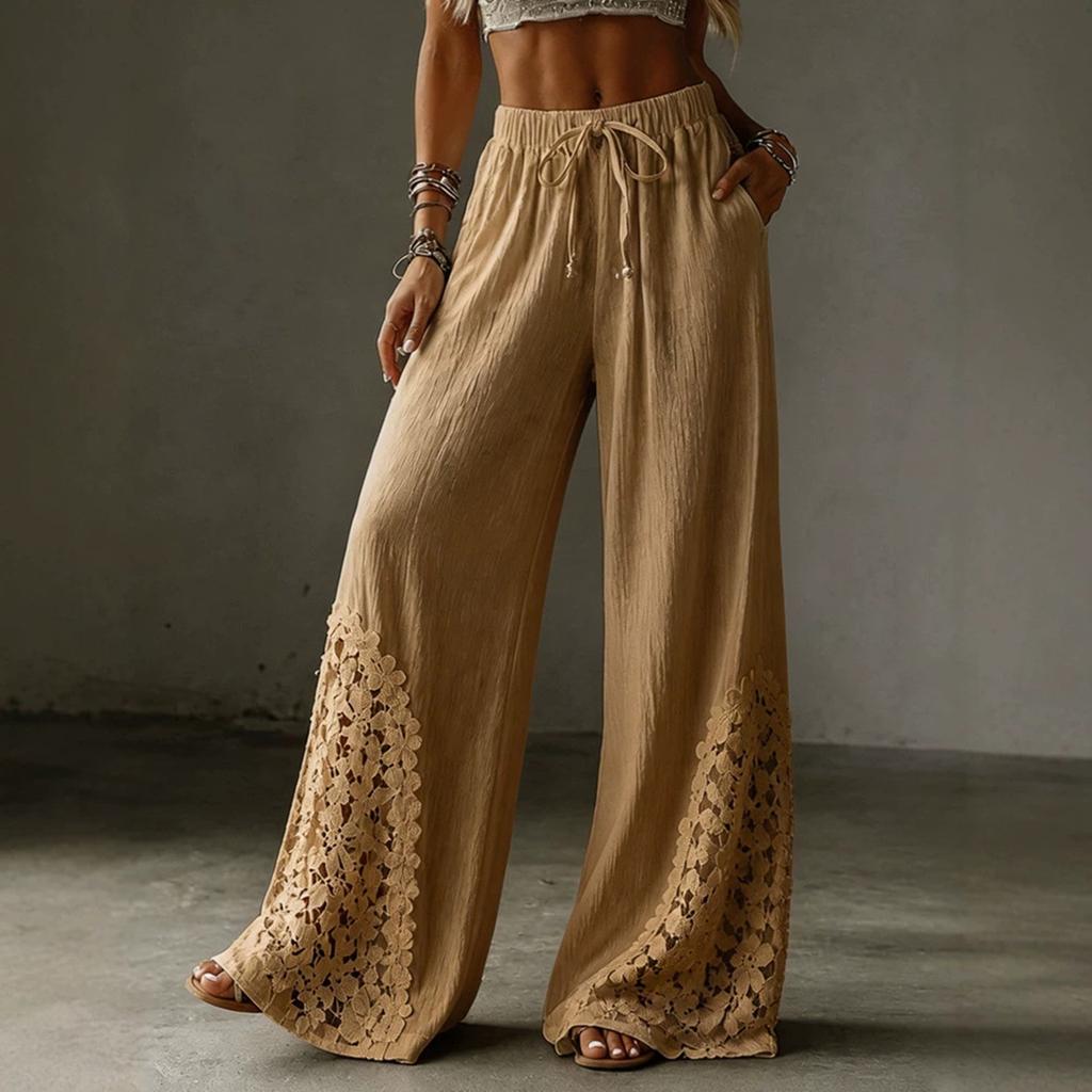 Women's Color Wide Leg Pants with Lace Pockets - Casual Loose Fit Drawstring Elastic Waist Trousers