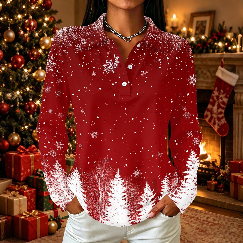 Women's Casual Christmas Print Long Sleeve Button Front Top with Lapel Collar and Side Slits