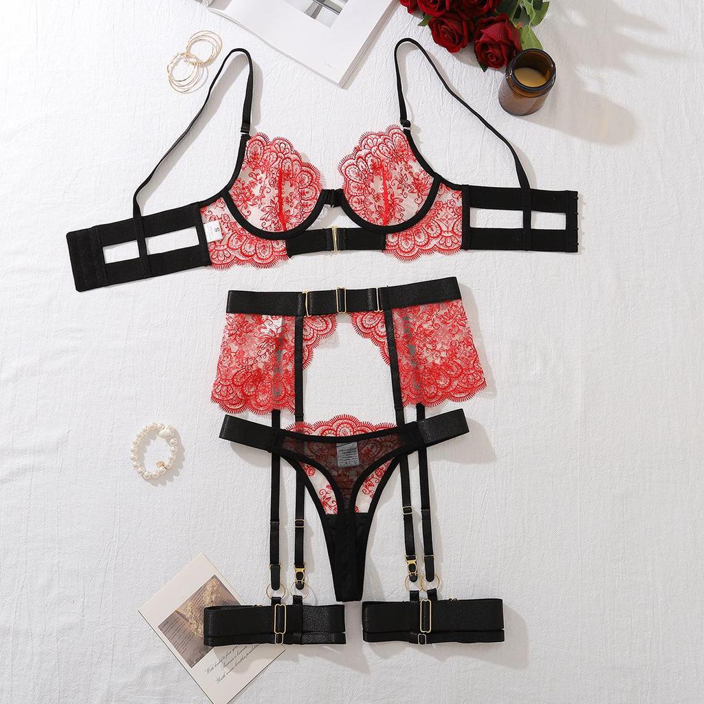 European & American Embroidered Lace High-Quality Erotic Lingerie: Sexy See-through Metal Buckle Body Shaping Front-Opening Set