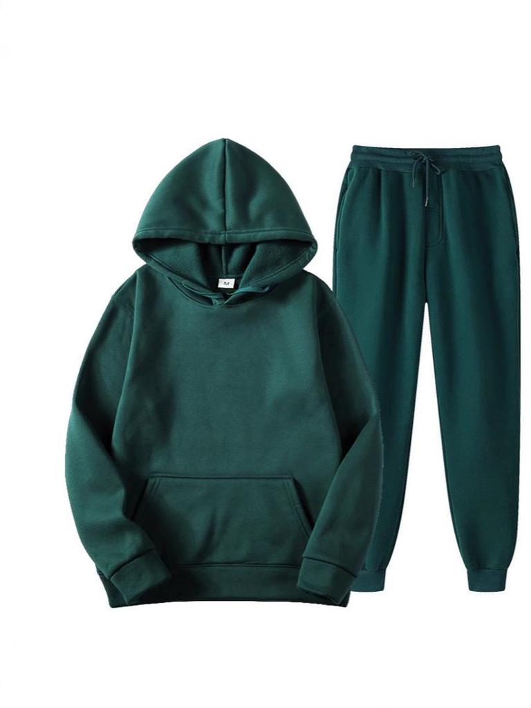European Size Men's Fleece-Lined Hooded Sweatshirt & Pants Set - Casual Solid Color Two-Piece