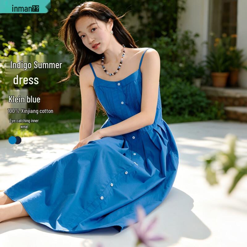 INMAN Klein Blue Pleated V-Neck Midi Dress