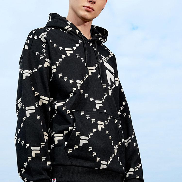 Fila Fusion Tokyo Studio Sports Lifestyle Series All Over Logo Print Pullover Hoodie Unisex hoodies Deep-Black T11U216205FBK