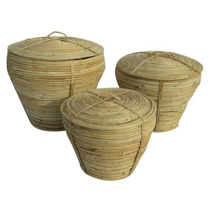 Paniers - Naturel - Lot de 3 - Rotin tropical - 35 x 35 x 30 cm - Avec couvercle