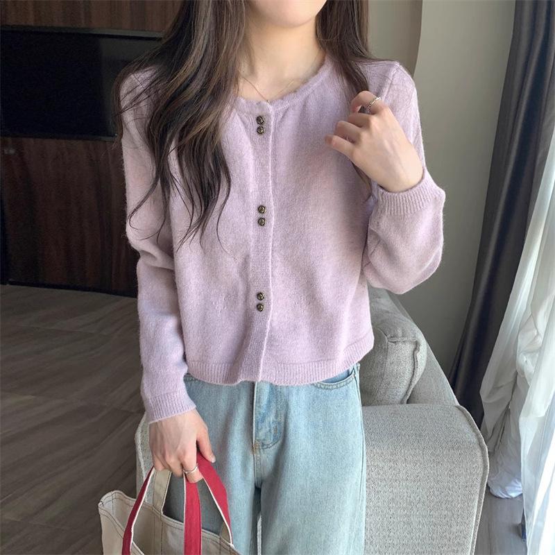 

Женский вязаный свитер кардиган короткий с круглым вырезом и длинными рукавами куртка свитер для женщин 2XL светло-фиолетовый