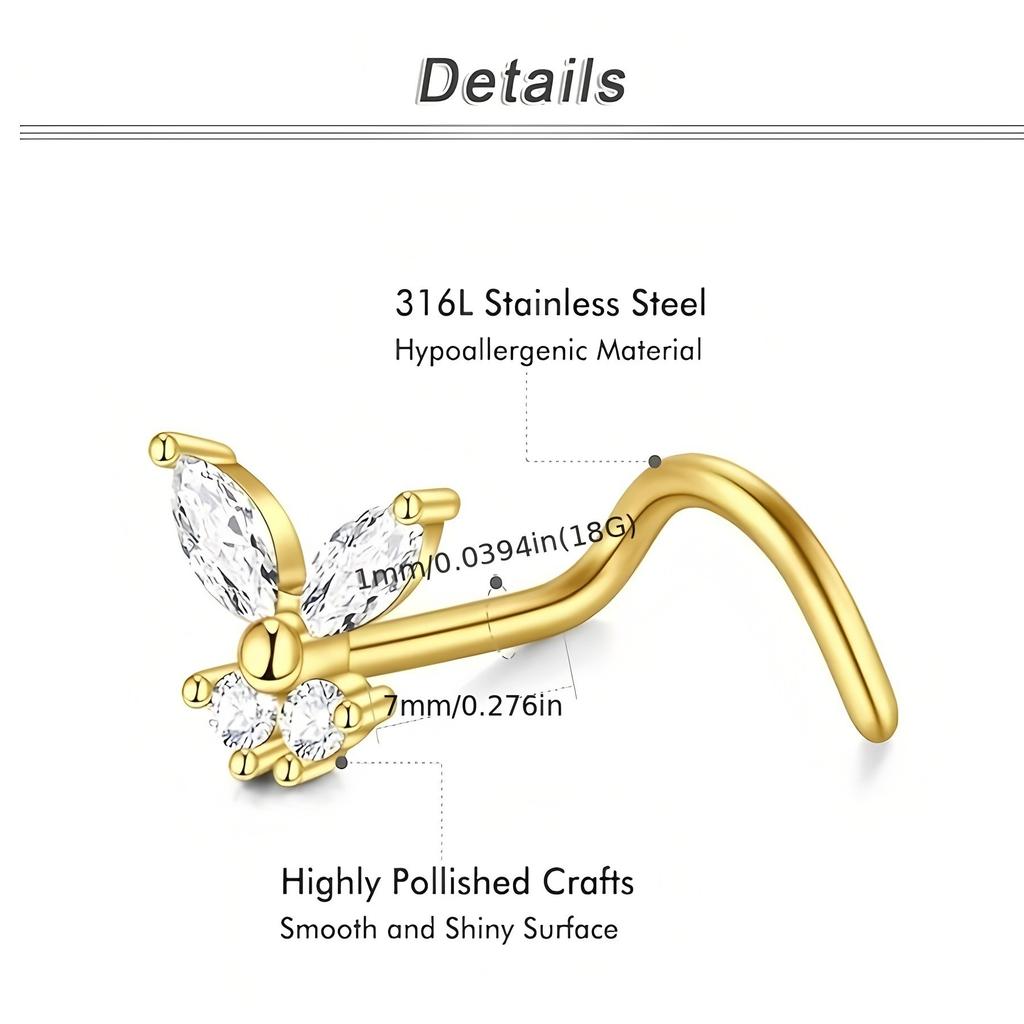 316 Stainless Steel Rod Nose Ring with Butterfly Moon Design Trendy Unisex Gift Body Jewelry