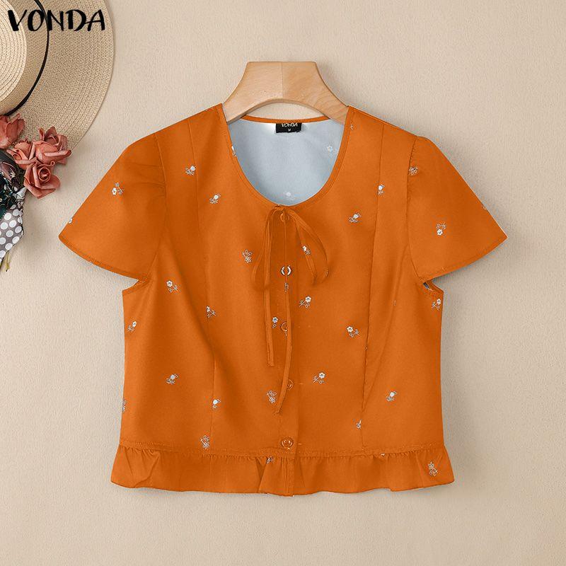 

VONDA Summer Women Round Neck Short Sleeve Print Casual Cropped Blouse 5XL