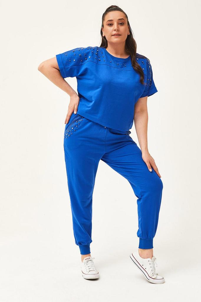 Set de trening de marime mari la moda pentru dama Set de trening de vara verde cu maneca scurta, detaliat cu piatra si margele