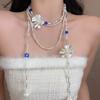 Pearl Blue Crystal Flower Beaded Necklace for Women, Stackable Multi-layer, Elegant Sweater Chain.