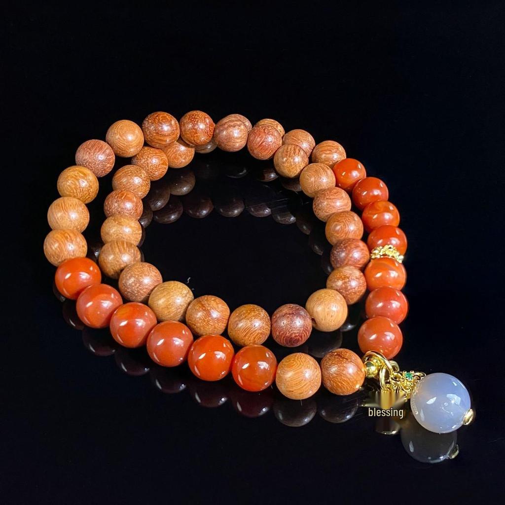 Jingxi Crystal Red Agate & Pear Wood Double Loop Bracelet - DIY Creative Mix & Match in New Chinese Style