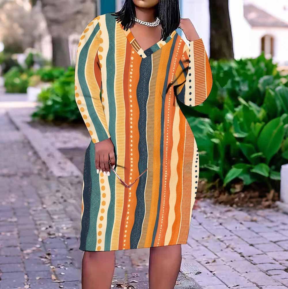 Women Plus Size V Neck Long Sleeve Printed Fitted Straight Hem Dress