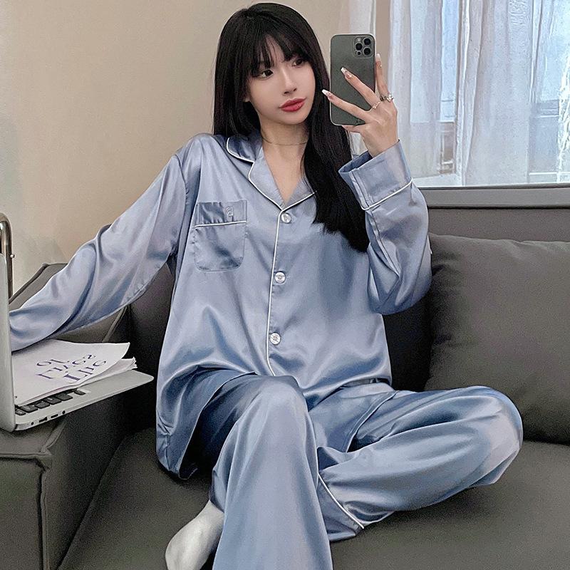

Couple pajamas spring and autumn can wear ice silk loungewear suit Internet celebrity explosion four seasons high-end loungewear men L