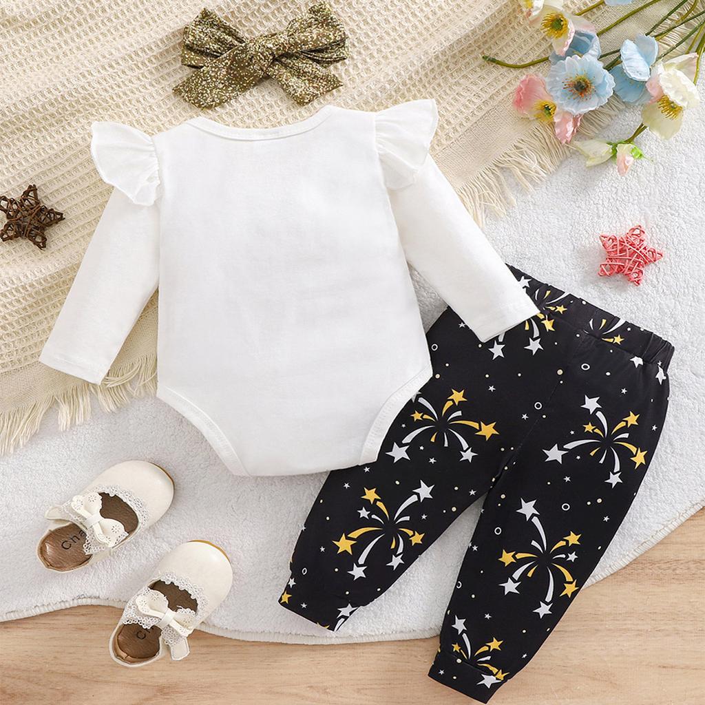 Baby Girl "Happy New Year" Print Cotton Bodysuit Fireworks Print Pants With Headband Outfit Set