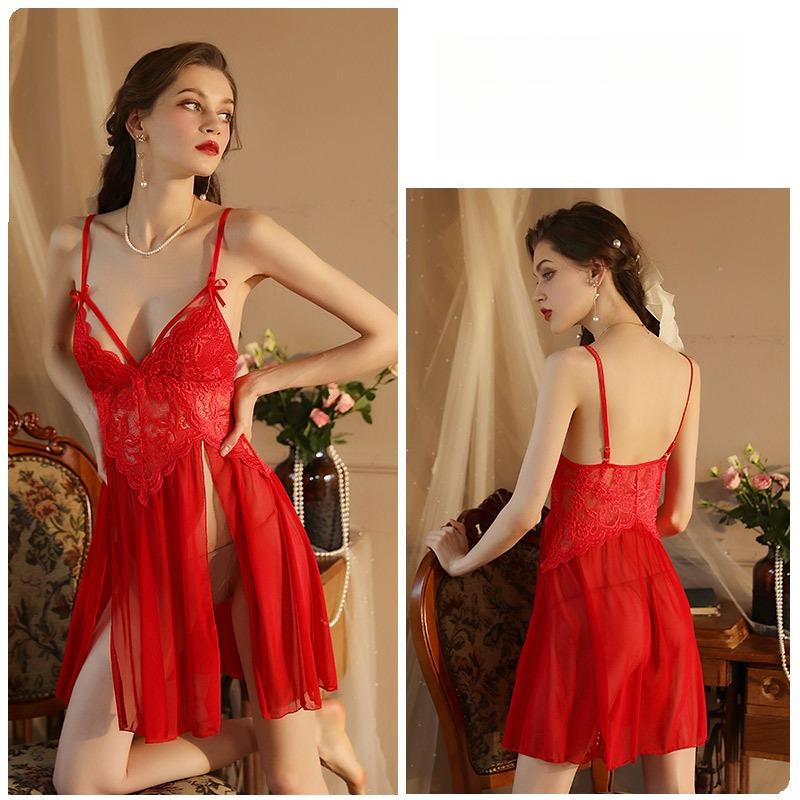 Sexy Mesh Deep V Lace Pajama Set Side Slit Cami Nightgown Two-Piece Loungewear 311 Complete Flirty Sleepwear Set with Alluring Side Slit Design