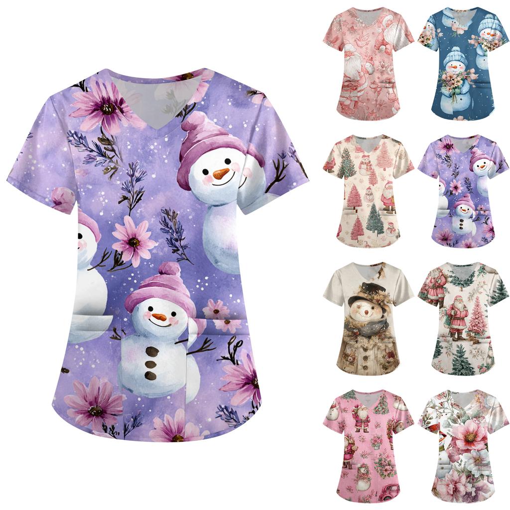 Women's Printing Uniform Work Uniform V-neck Pockets Basic Short Sleeve Pullover Top
