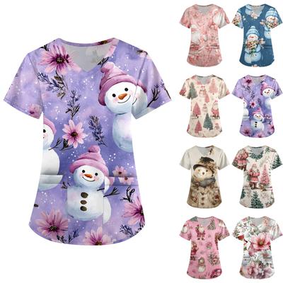 Women's Printing Uniform Work Uniform V-neck Pockets Basic Short Sleeve Pullover Top