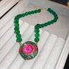 Pre-Owned Floral Geometric Rhinestone Jewelry Set with Clavicle Necklace & Earrings In Turquoise and Pearl Tones