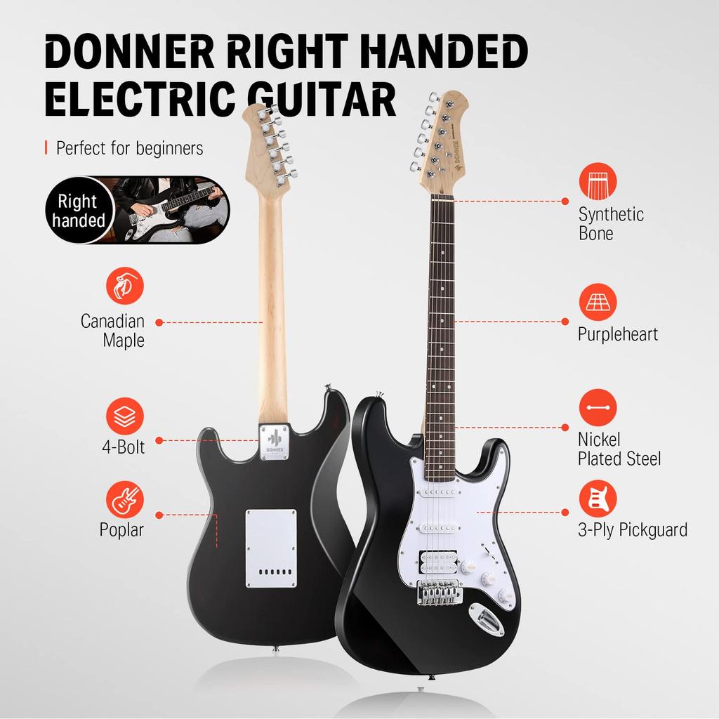 Donner Electric Guitar Beginner Set ST Type SSH Pickup Arrangement 39 Inches Full Size Poplar Wood Mini Amplifier Black 7 Piece Accessory Set
