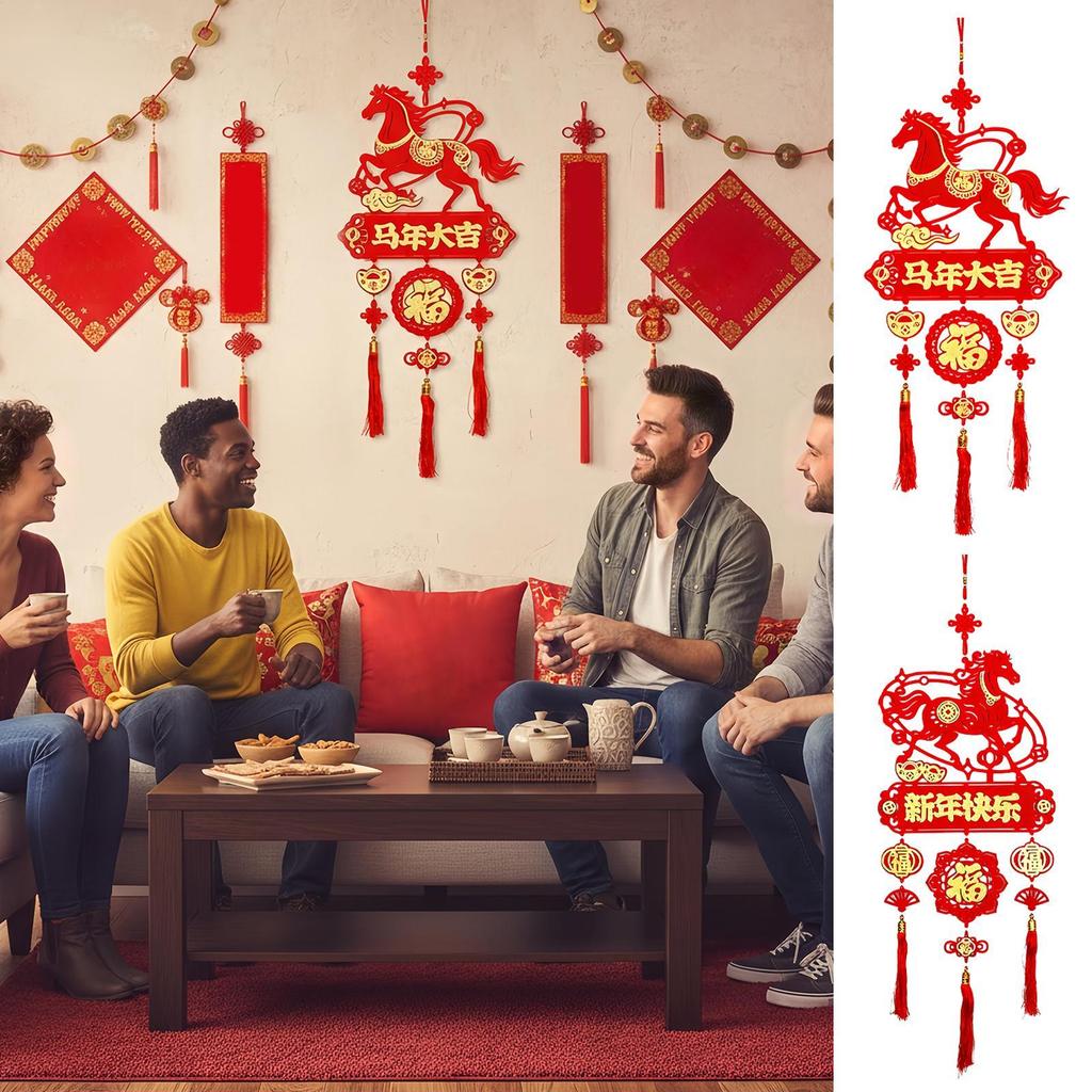 Chinese New Year Decor Red Horse Ornament with Tassel Blessing Charm for Wall Window Hanging Home Office Spring Festival Gift