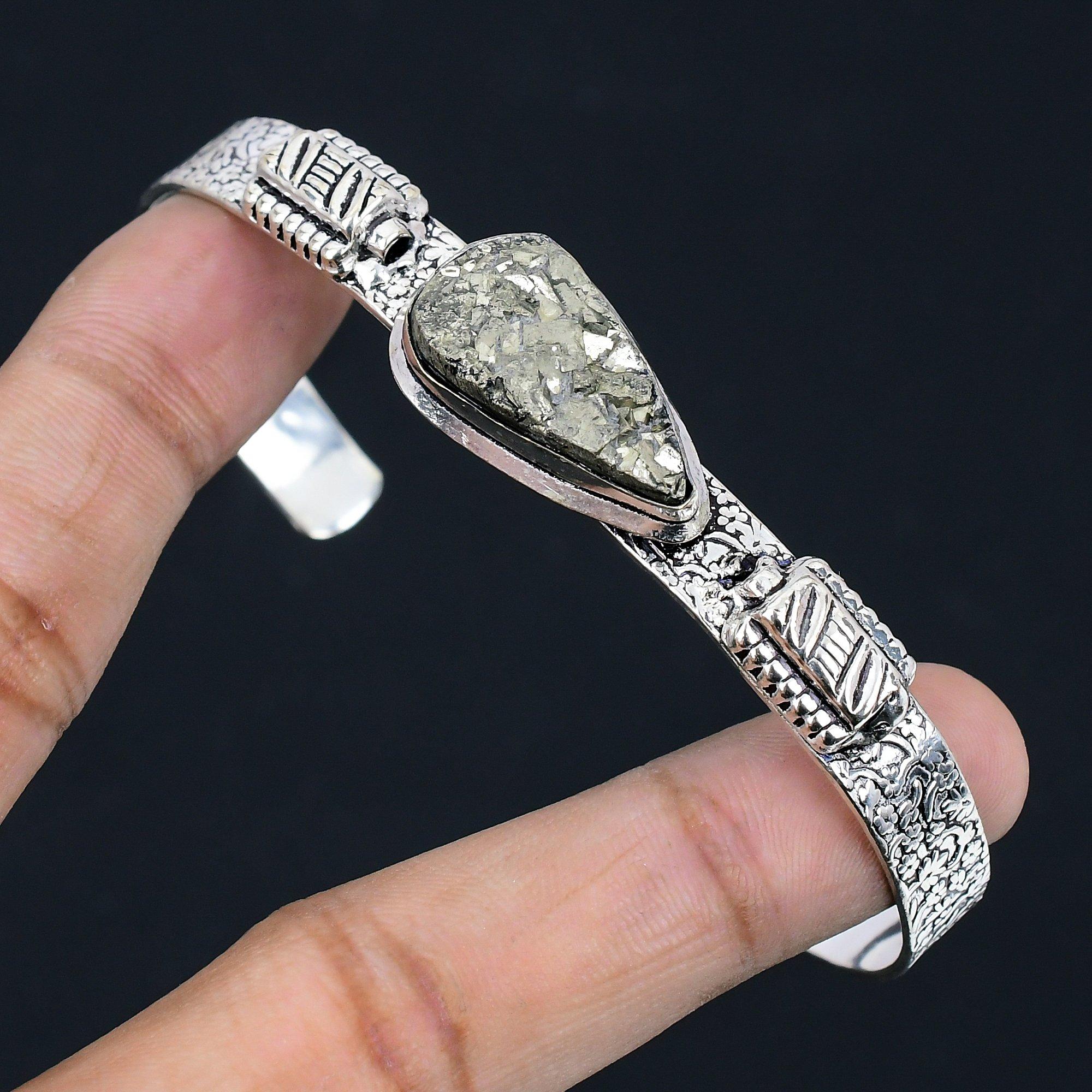 

Natural Pyrite Druzy Gemstone Bangle Adjustable 925 Sterling Silver For Women Adjustable