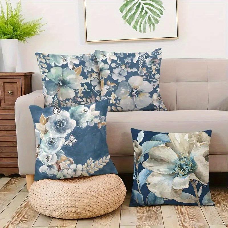 Navy Blue Watercolor Floral Pillowcase: Elegant Botanical-Themed Cushion Cover For Home Sofa Decor