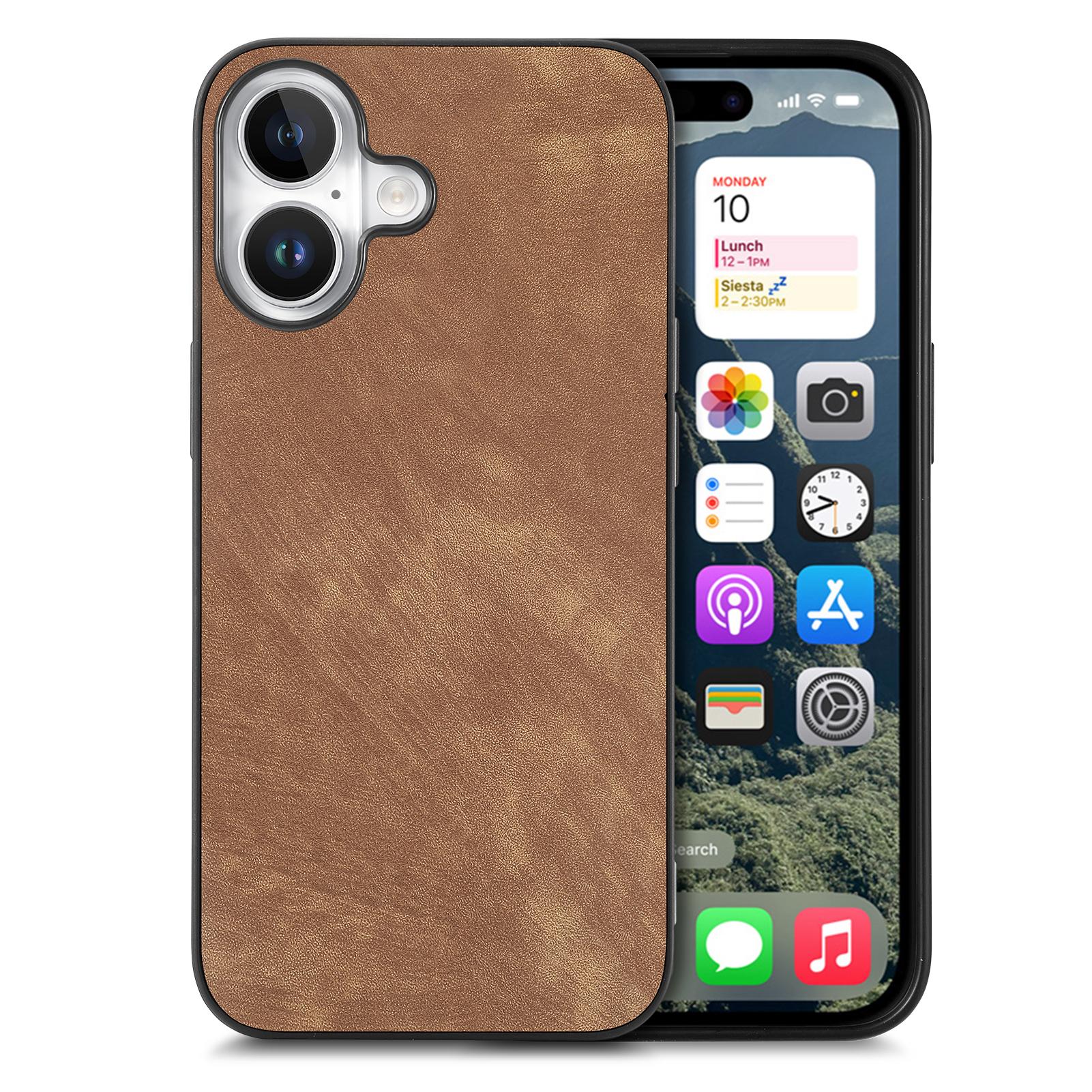 

For iPhone 16 Case Retro Leather+TPU Shockproof Protective Phone Cover Brown