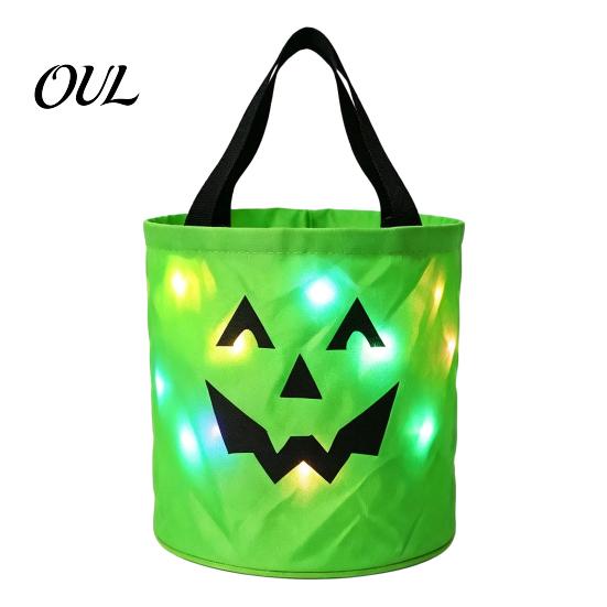 Reusable Holiday Party Favor Bags Halloween Glowing Pumpkin Candy Bag LED Light Up Trick or Treat Bucket Decorative Containers for Sweets Waterproof