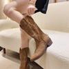 Studded Western Cowboy Boots Boots for Women Autumn Zip Embroidered Pointed Toe Shoes Chunky Heel Mid Calf Knight Boots