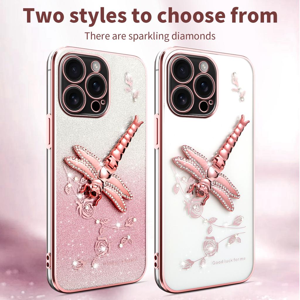 KADEM For iPhone 16 Pro Max Case Dragonfly Kickstand TPU Flowers Glitter Phone Cover
