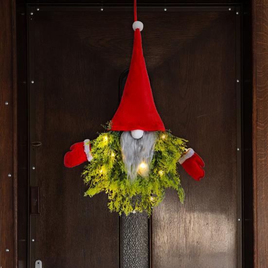 Lighted Gnome Christmas Wreath for Front Door Artificial Pine Spruce Hanging Sign Swedish Tomte Holiday Decor for Indoor Outdoor Porch Window Wall