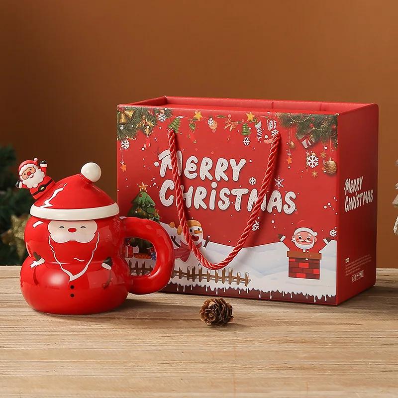 400ML Christmas Ceramic Cup with Lid Handle Cartoon Snowman Snowman Mug Couple Xmas Gift Milk Coffee Cup for Home with Box