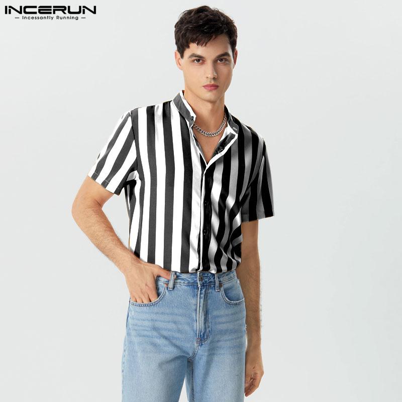 INCERUN Men Summer Lapel Neck Short Sleeve Striped T-shirts Buttons Up Shirts Tops