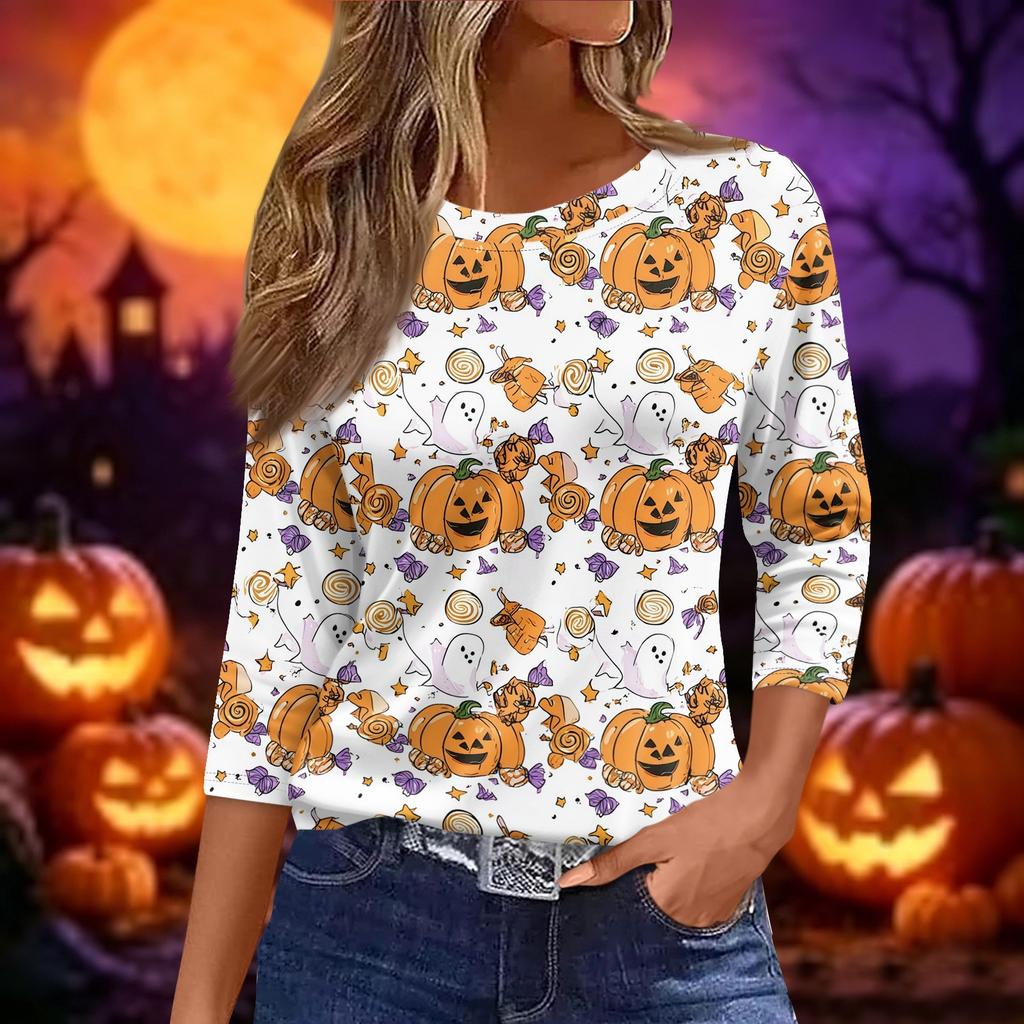 Women's Halloween Print Casual Loose Fit Round Neck Three Quarter Sleeve Shirt Lightweight Comfortable Top for Fall Season