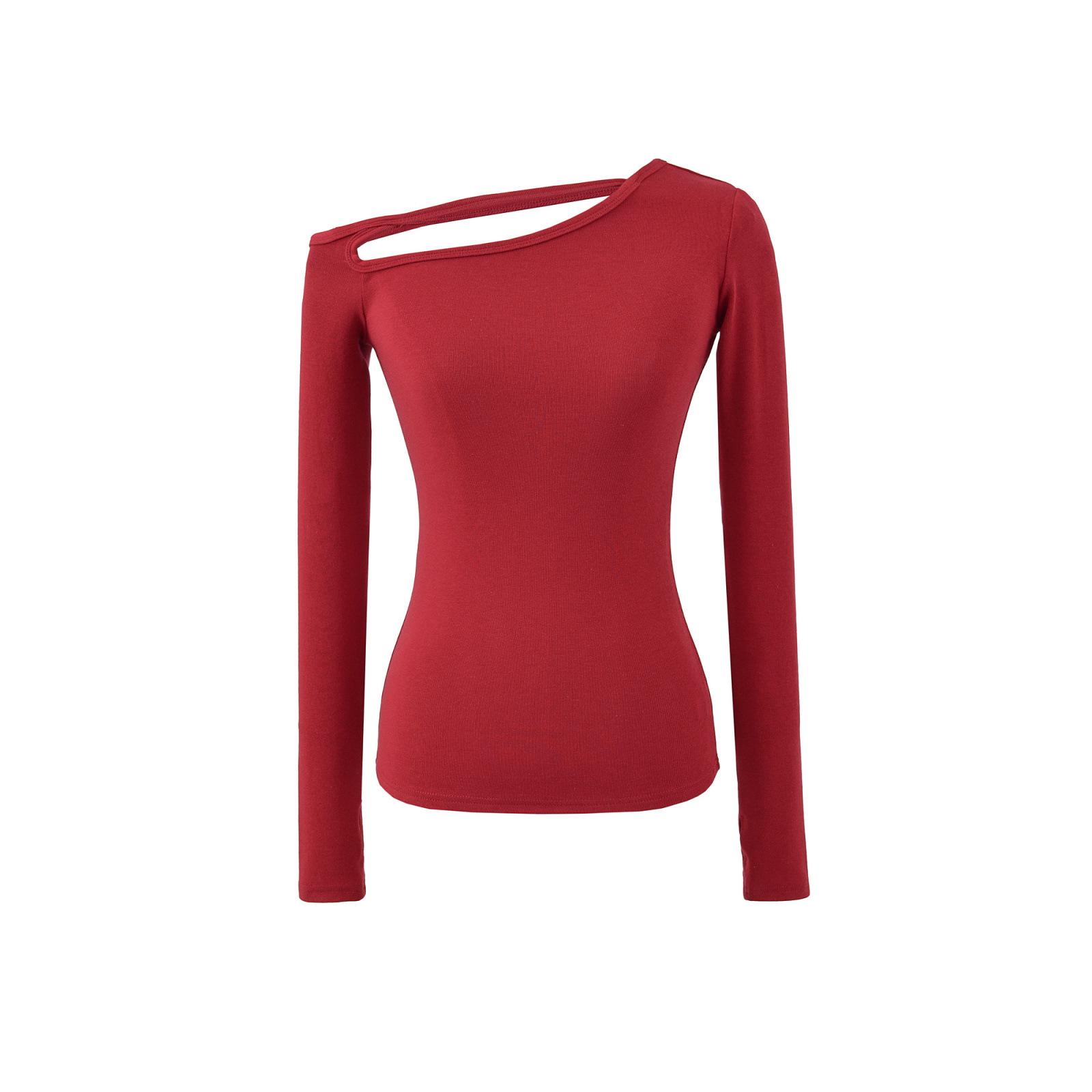

American Spicy Girl One-Shoulder Cutout Long-Sleeve T-Shirt: Slimming, Waist-Cinched, Irregular Cropped Top Small вина червоного кольору
