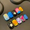 30Pcs Y2K Retro Graffiti Short Press On Nails Colorful Swirl Star Print Removable Fake Nail Tips