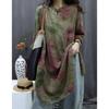 2026 New Cotton and Linen Retro Print Women's Mid-Length Shirt Dress with Stand Collar and Frog Buttons
