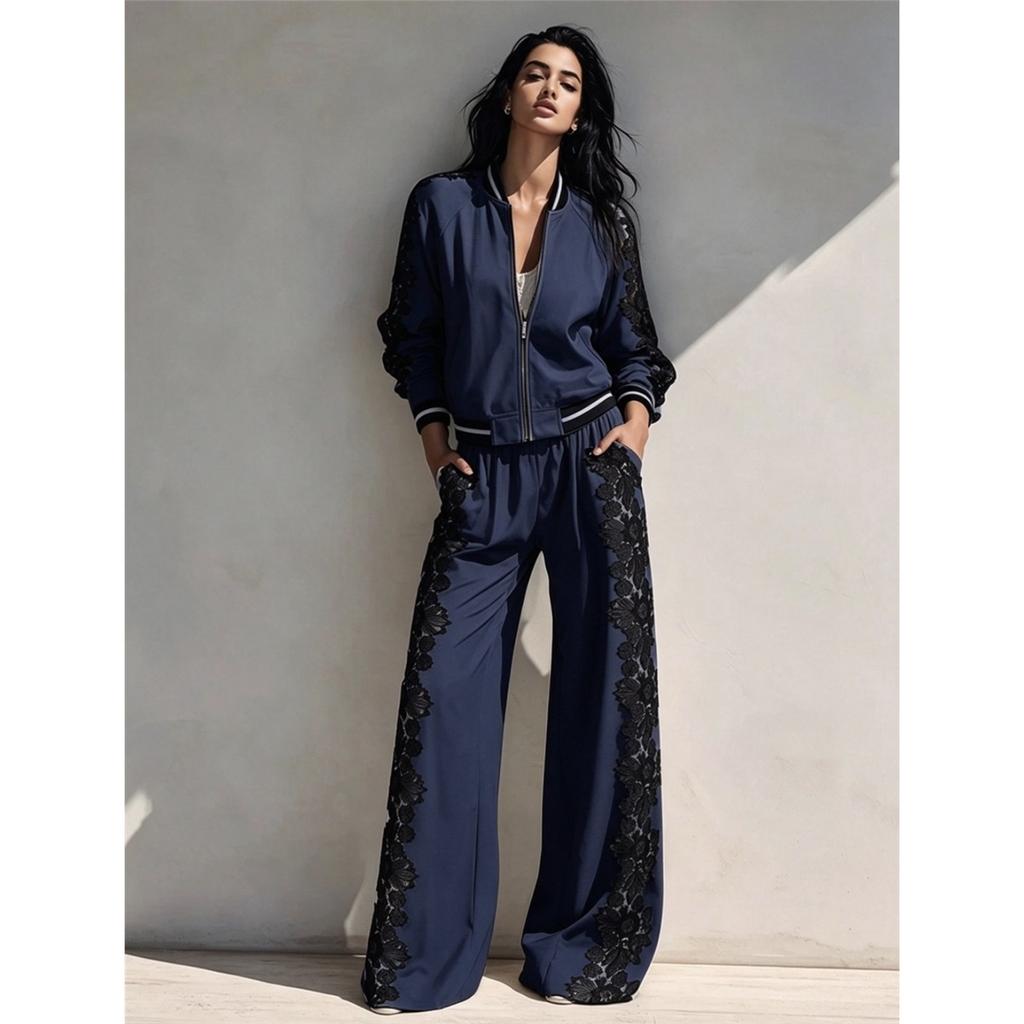 Women Lace Splicing Two Piece Set Zipper Baseball Jacket + Wide Leg Pants Casual Long Sleeve Tracksuit Ladies Outfit