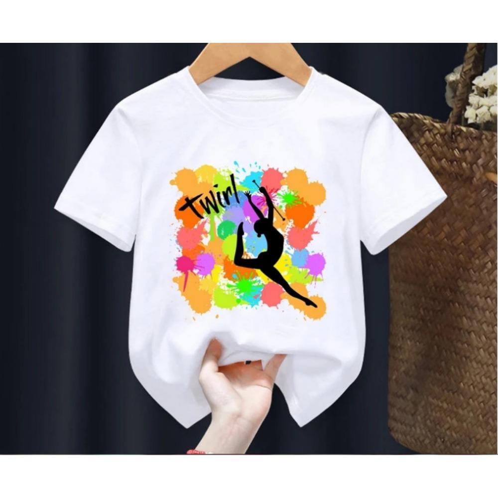 Söt T-shirt med tryck av gymnastikdansare för barn Danskläder för flickor Baby-t-shirt Söta vardagliga kortärmade barntoppar